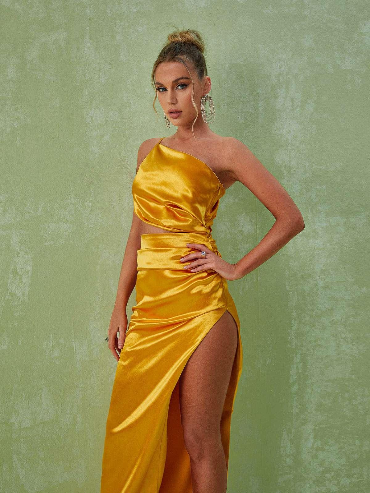 Chara One Shoulder Cutout Maxi Dress In Gold - Mew Mews Fashion