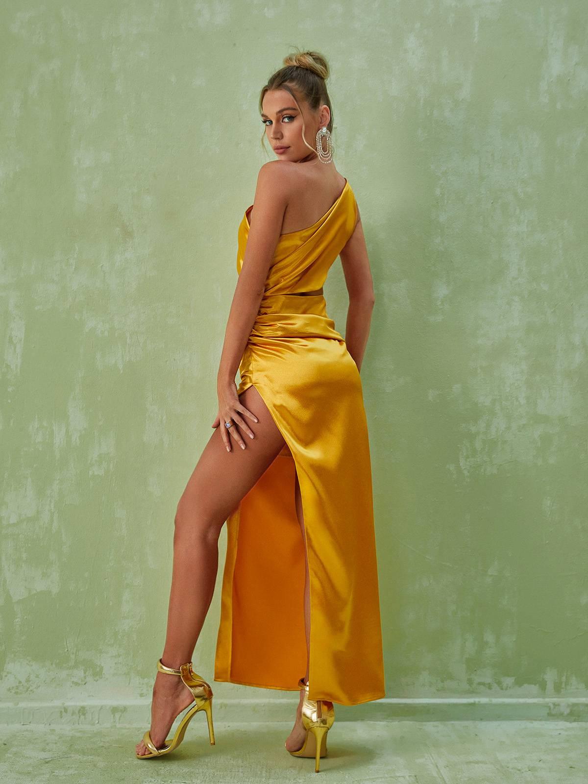 Chara One Shoulder Cutout Maxi Dress In Gold - Mew Mews Fashion