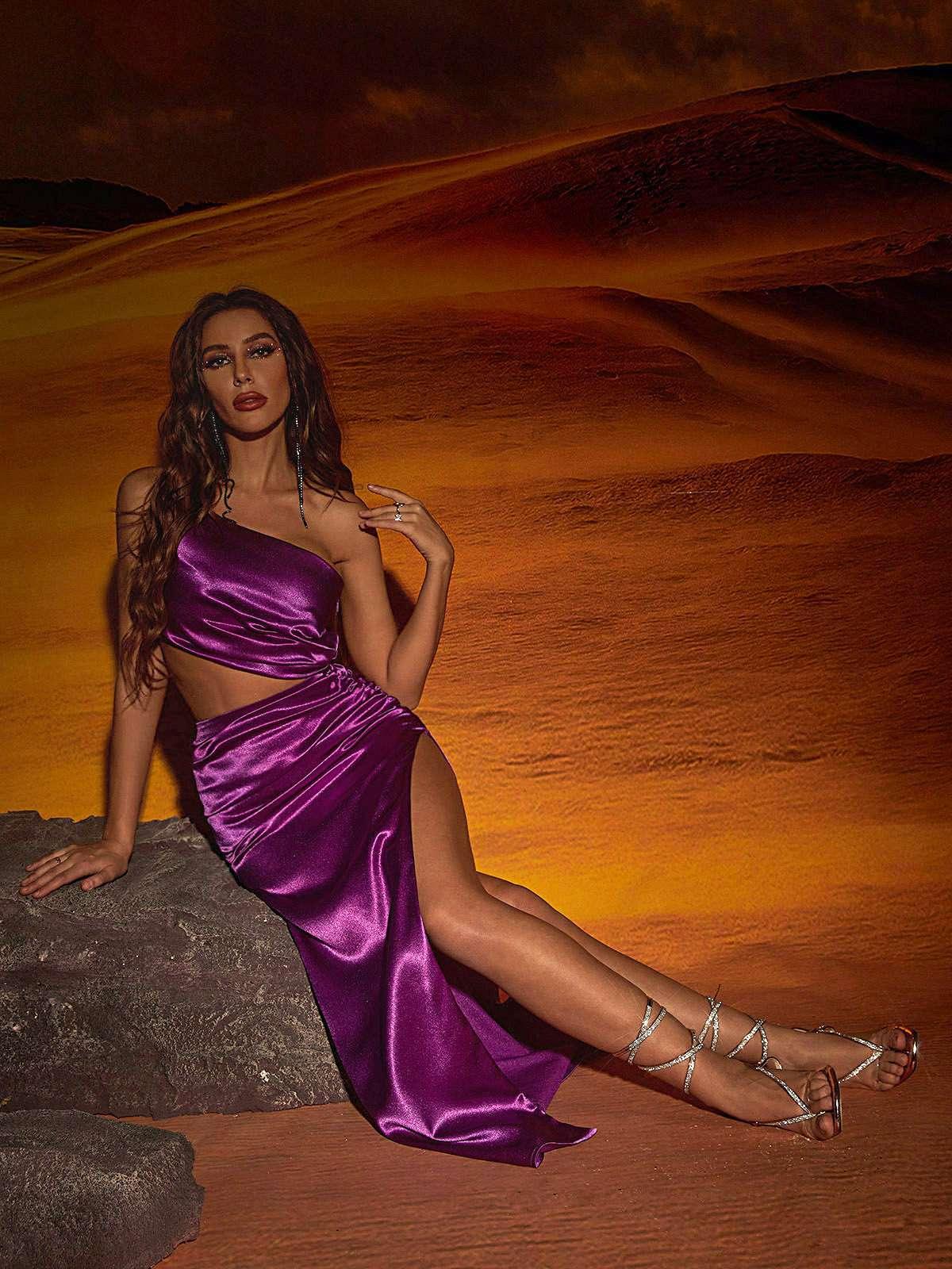 Chara One Shoulder Cutout Maxi Dress In Purple - Mew Mews Fashion