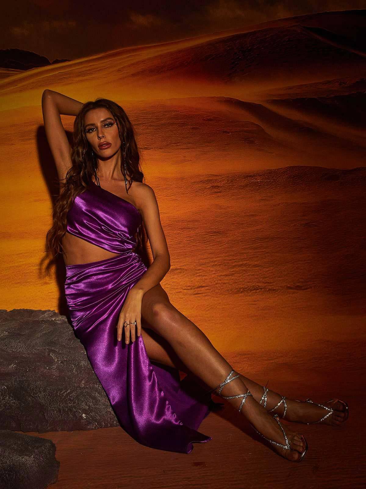 Chara One Shoulder Cutout Maxi Dress In Purple - Mew Mews Fashion
