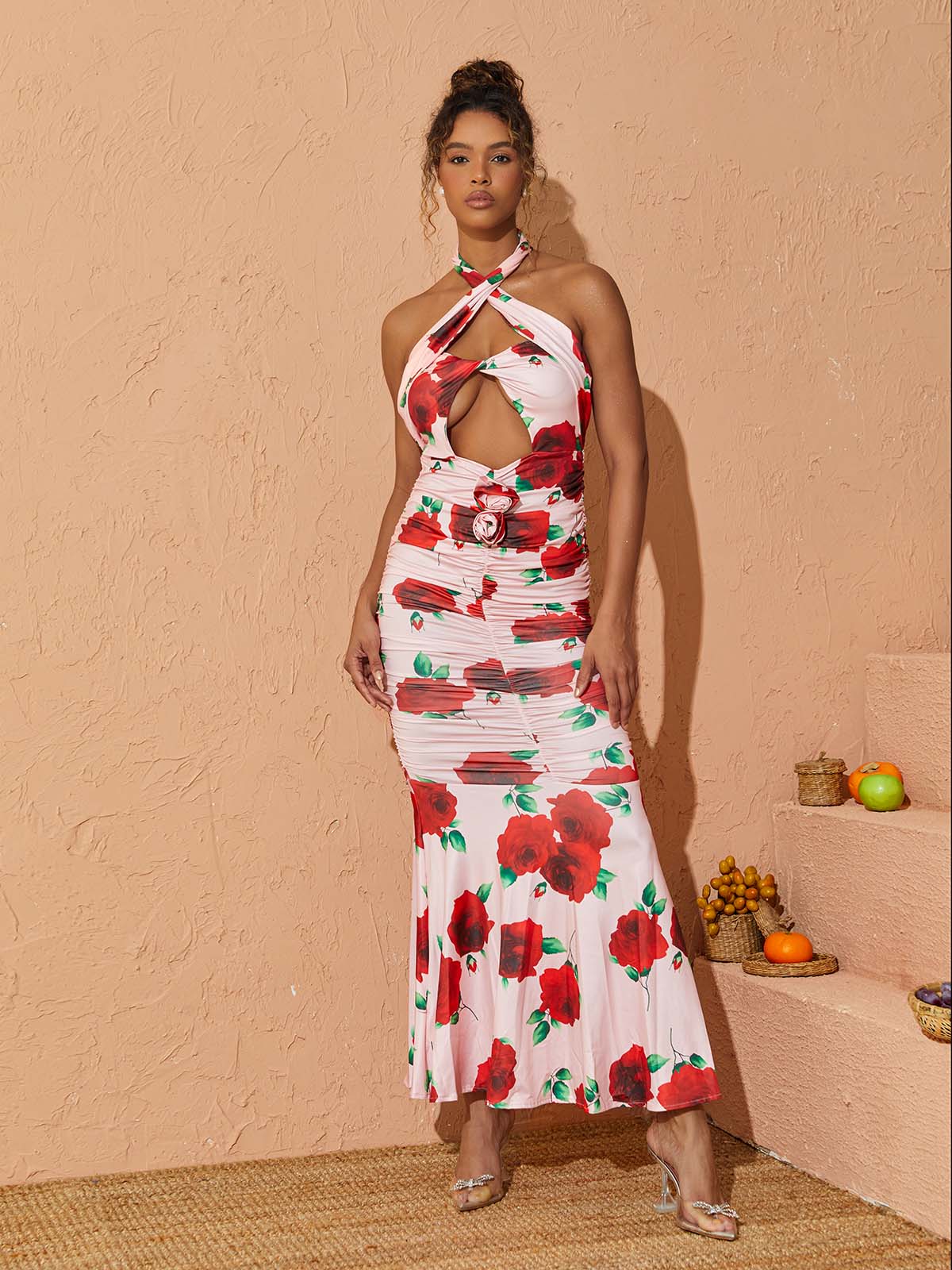 Charlotte Halterneck Rose Printed Maxi Dress