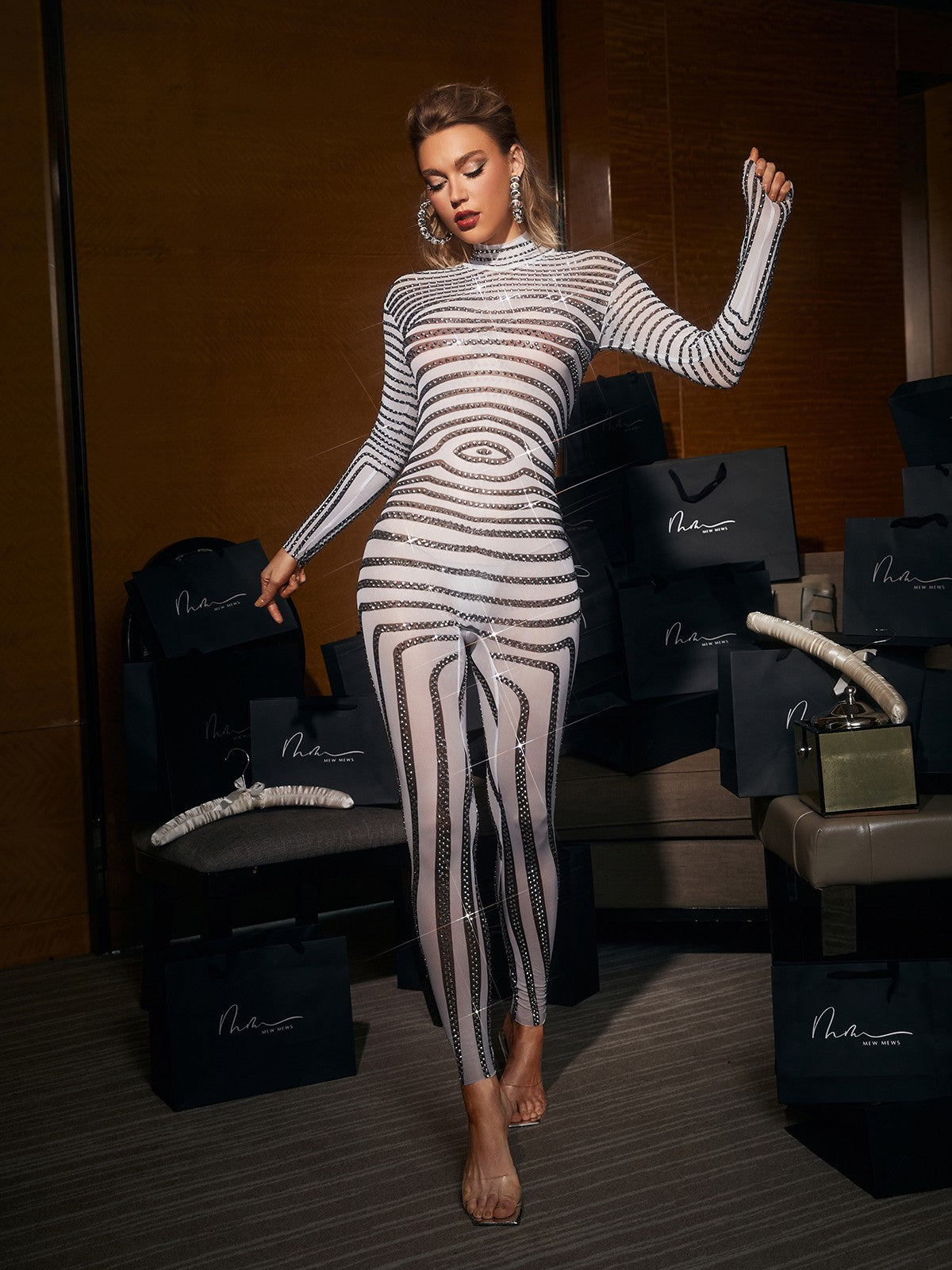Chera Rhinestone Circle Illusion Mesh Jumpsuit