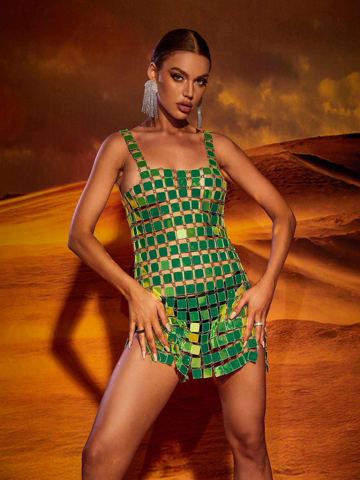 Christina Chainmail Split Light Green Mini Dress - Mew Mews Fashion