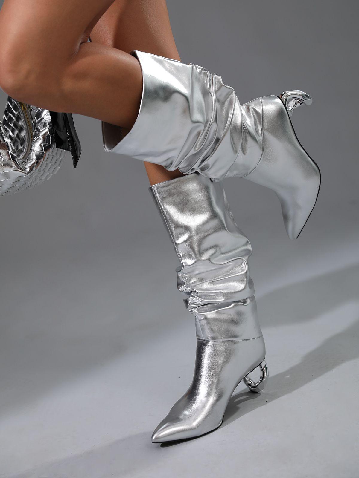 Courtney Leather Boots In Silver - Mew Mews Fashion
