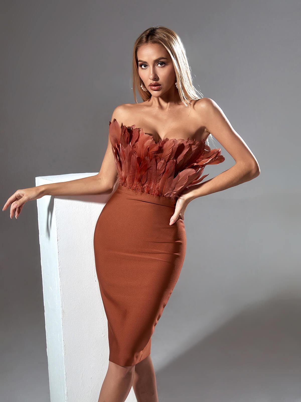 Darby Strapless Feather Bandage Dress In Brown - Mew Mews Fashion