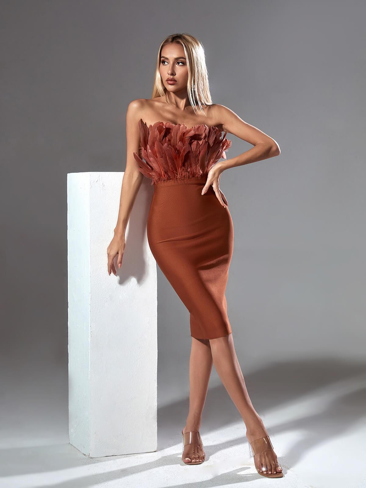 Darby Strapless Feather Bandage Dress In Brown - Mew Mews Fashion