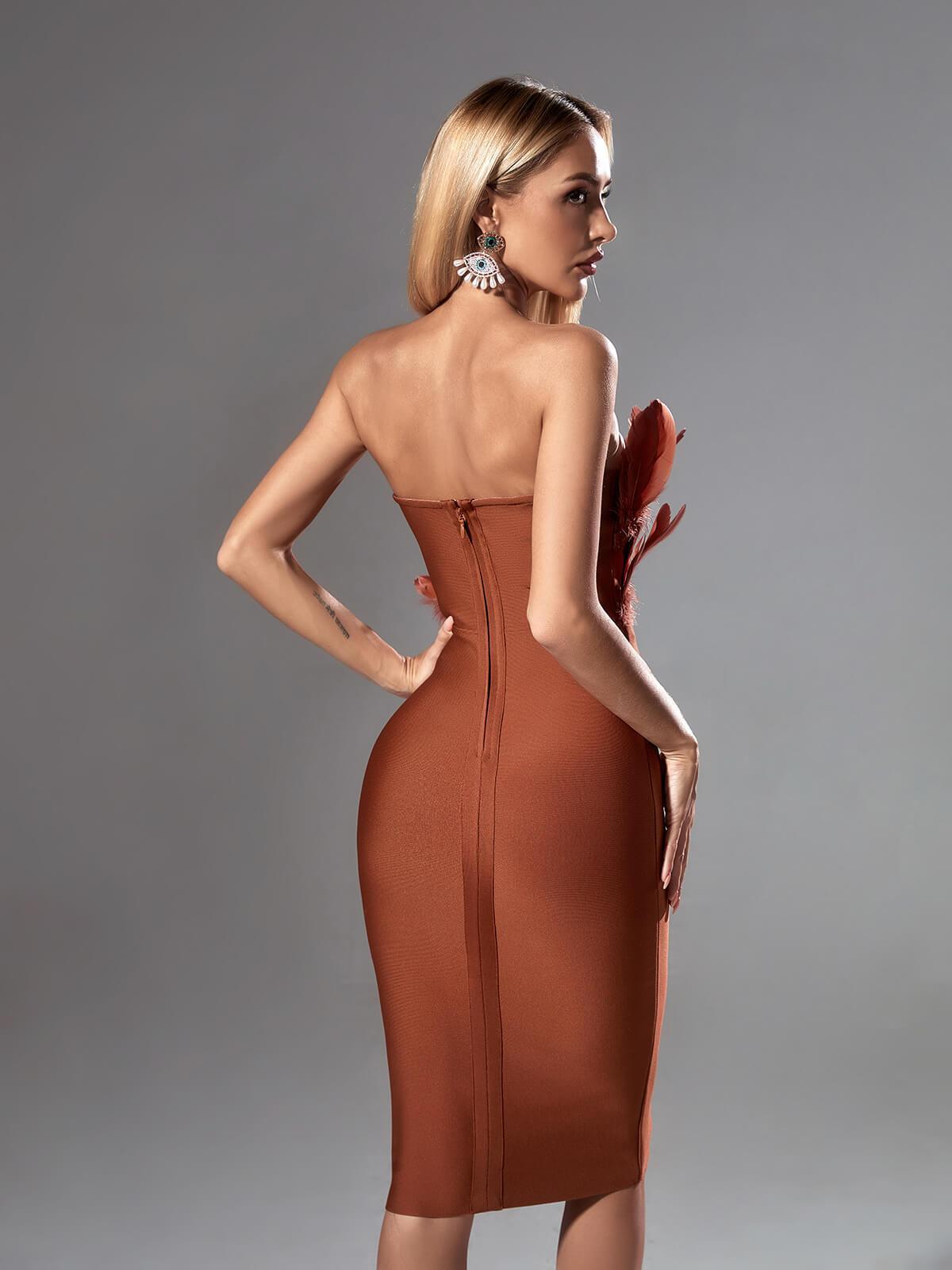 Darby Strapless Feather Bandage Dress In Brown - Mew Mews Fashion