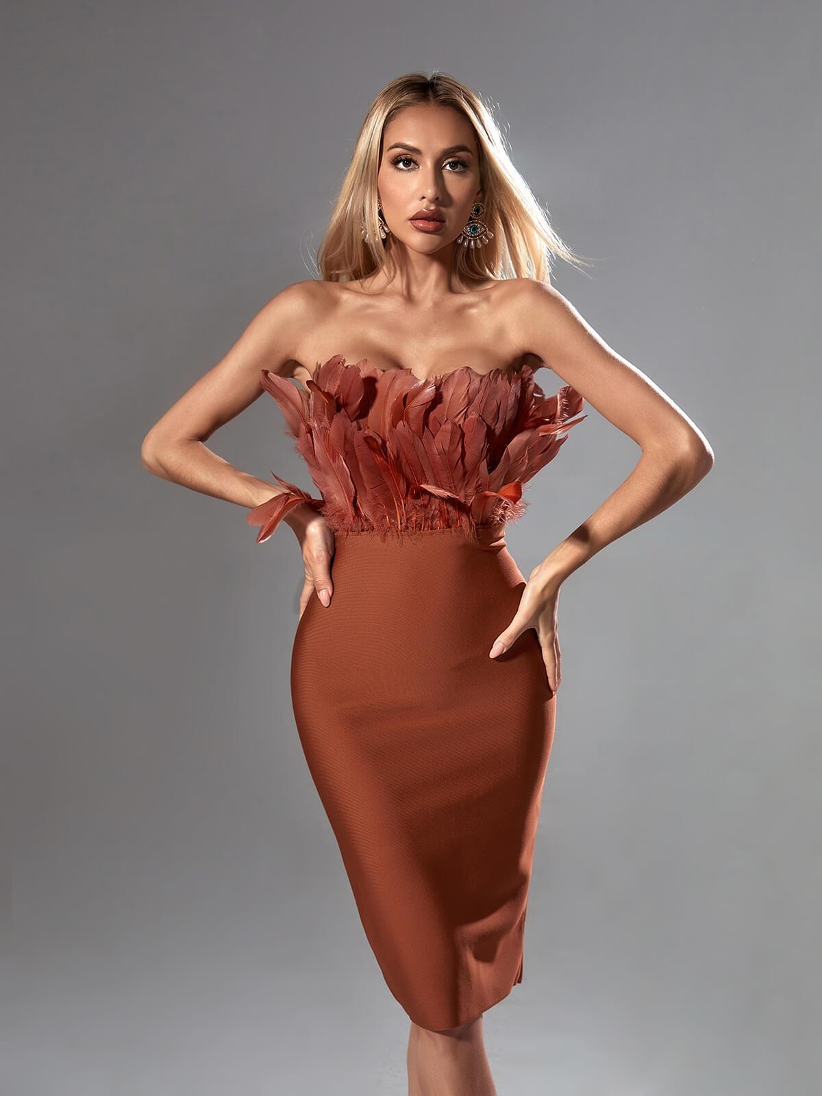 Darby Strapless Feather Bandage Dress In Brown - Mew Mews Fashion