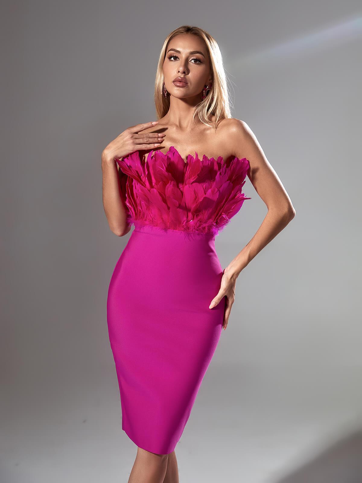 Darby Strapless Feather Bandage Dress In Hot Pink - Mew Mews Fashion
