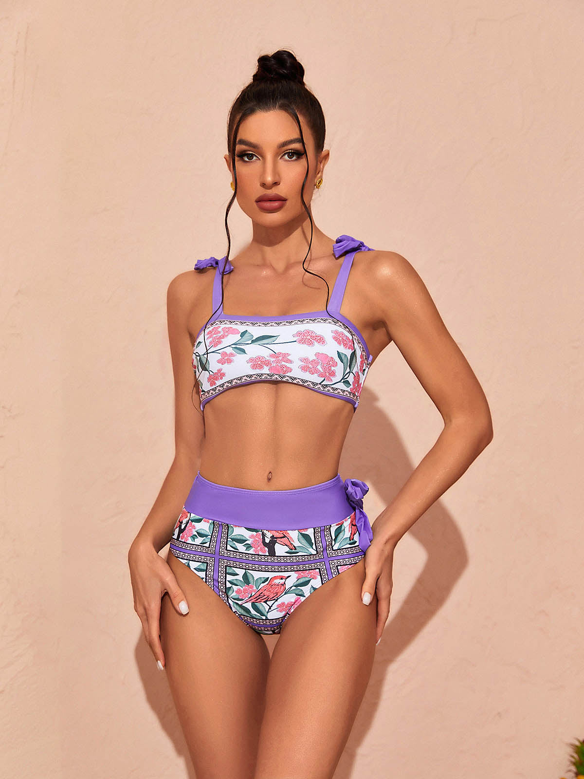 Declan Printed Bikini Three Piece Set In Purple