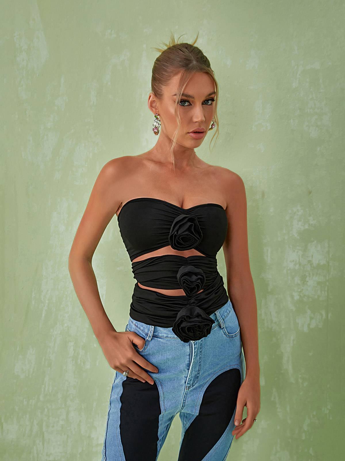 Demetria Flower Cutout Top In Black - Mew Mews Fashion