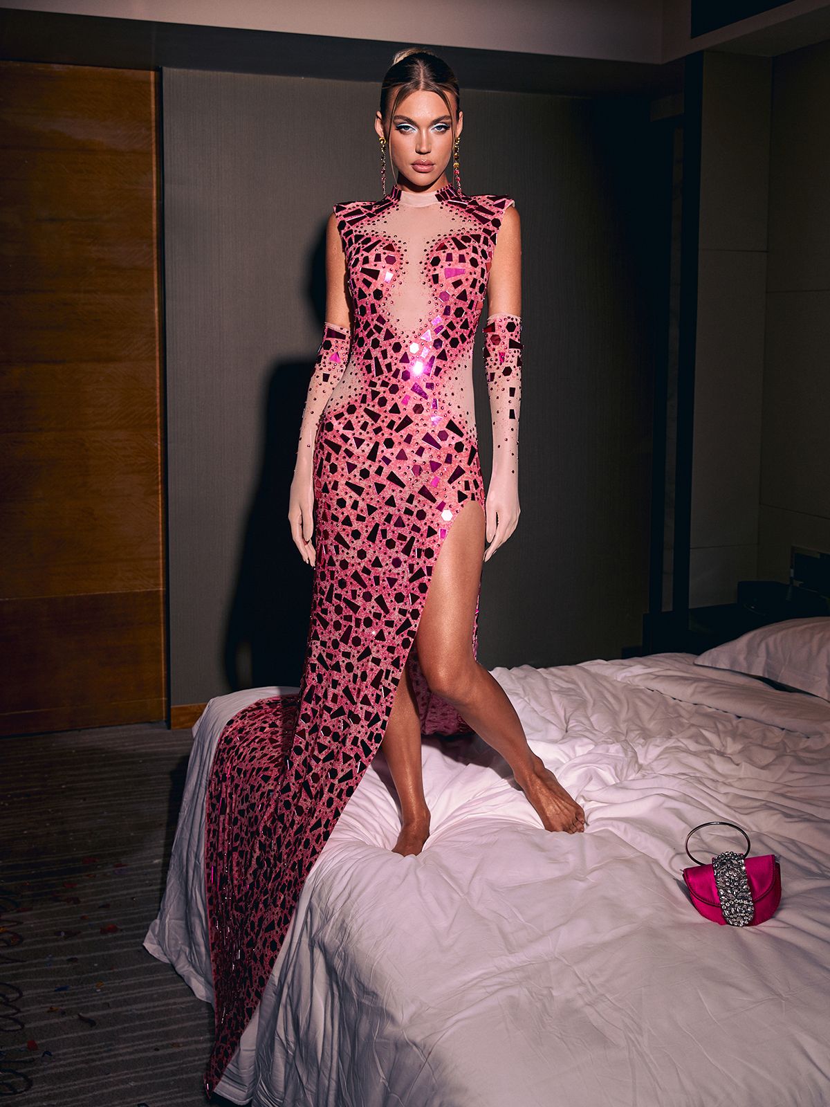 Dolor Sleeves Embellished Maxi Dress With Gloves In Pink