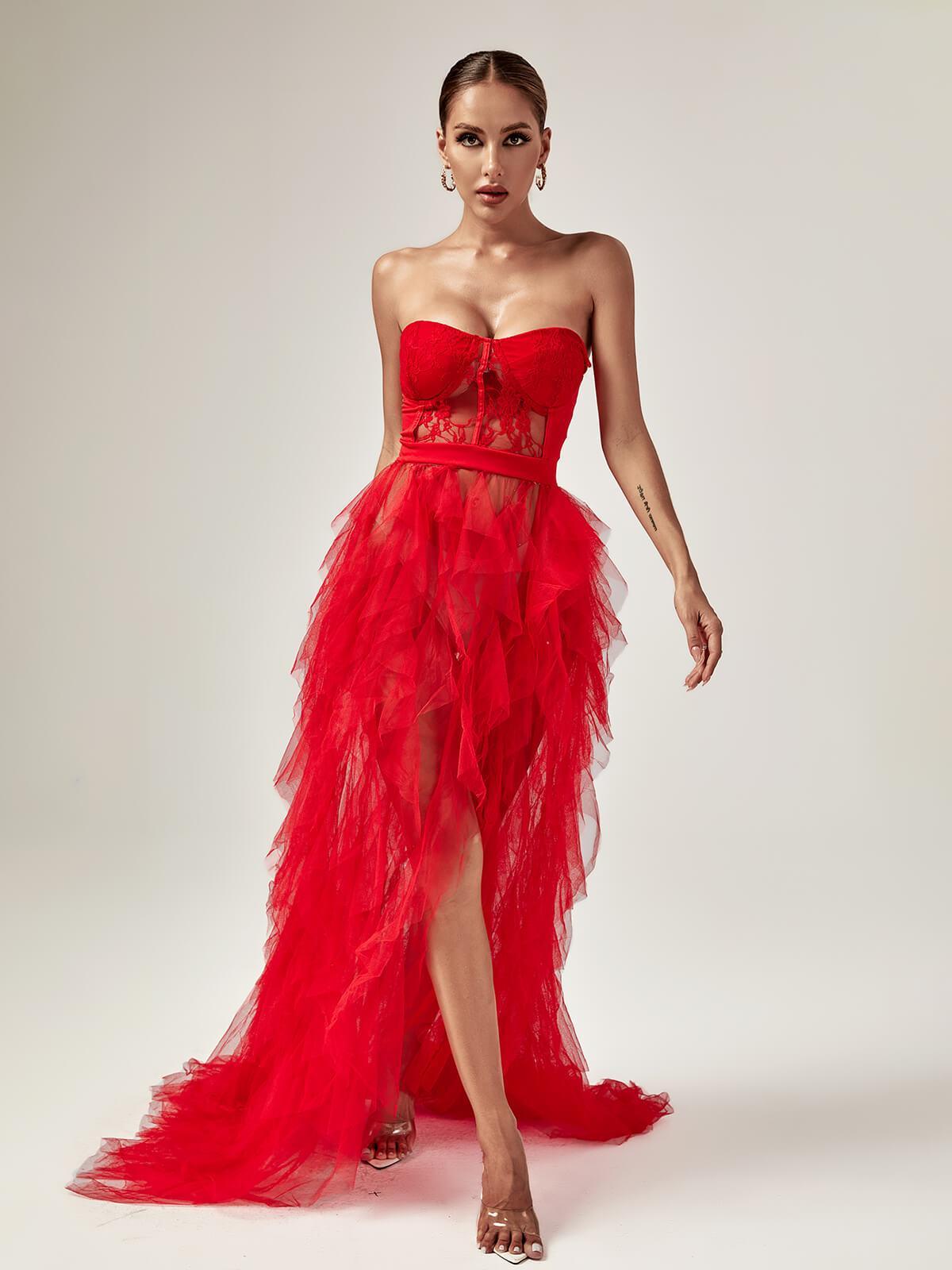 Dorothy Tulle Maxi Dress In Red - Mew Mews Fashion