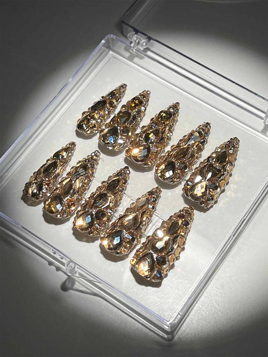 Champagne Crystal Stilleto Handmade Press On Nails - Mew Mews Fashion