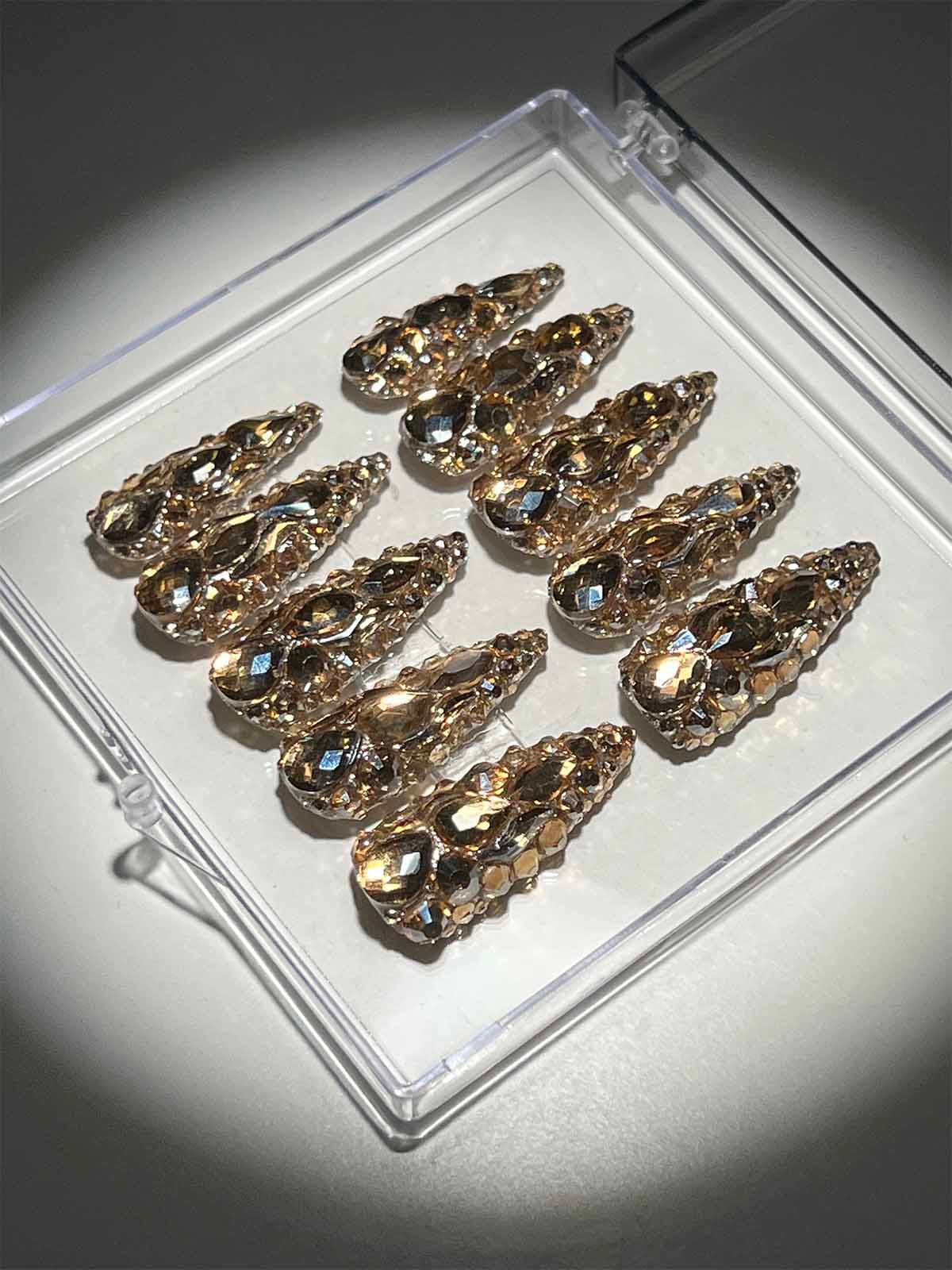 Champagne Crystal Stilleto Handmade Press On Nails - Mew Mews Fashion