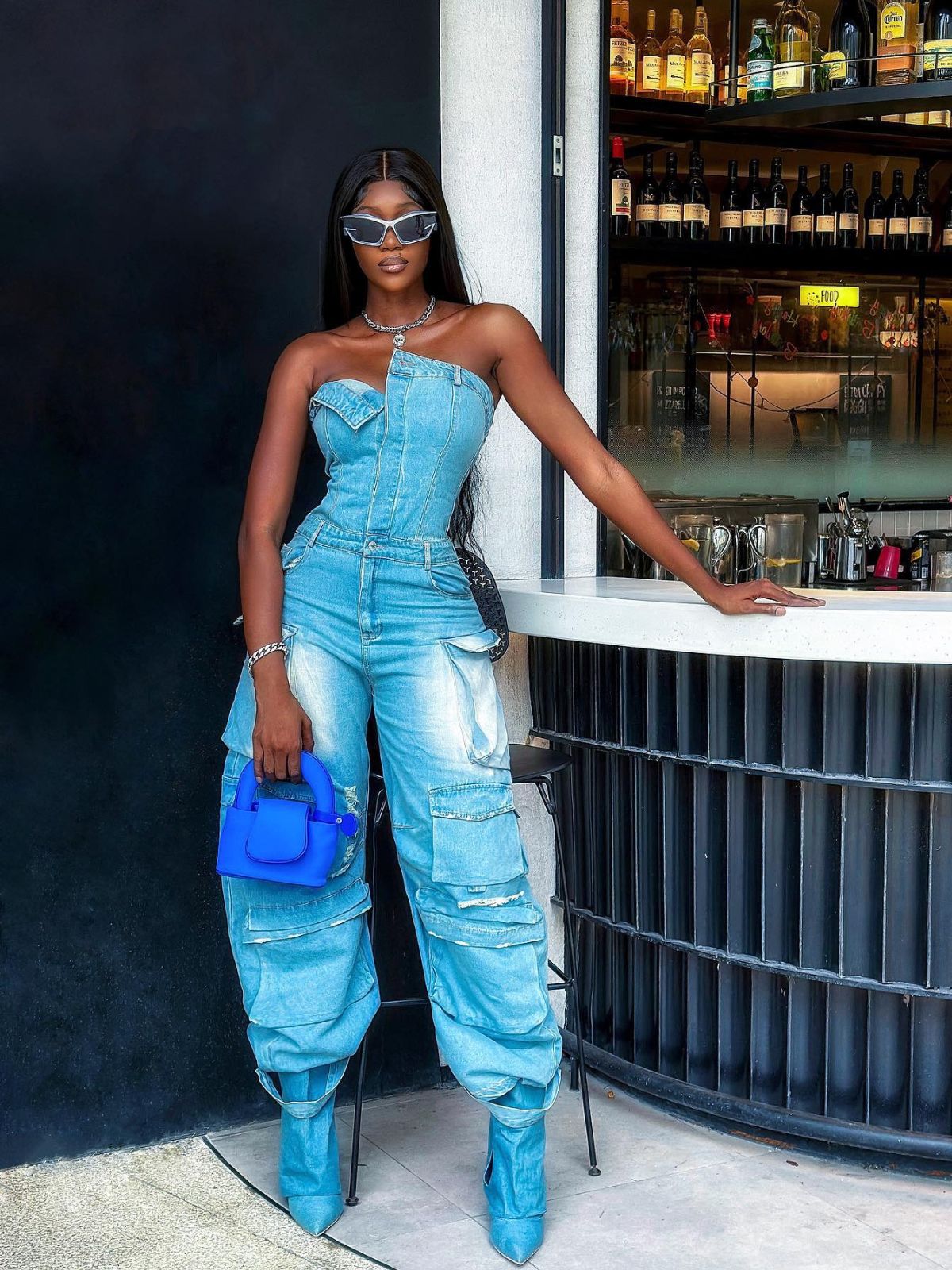 Eden Strapless Pocket Denim Jumpsuit In Blue