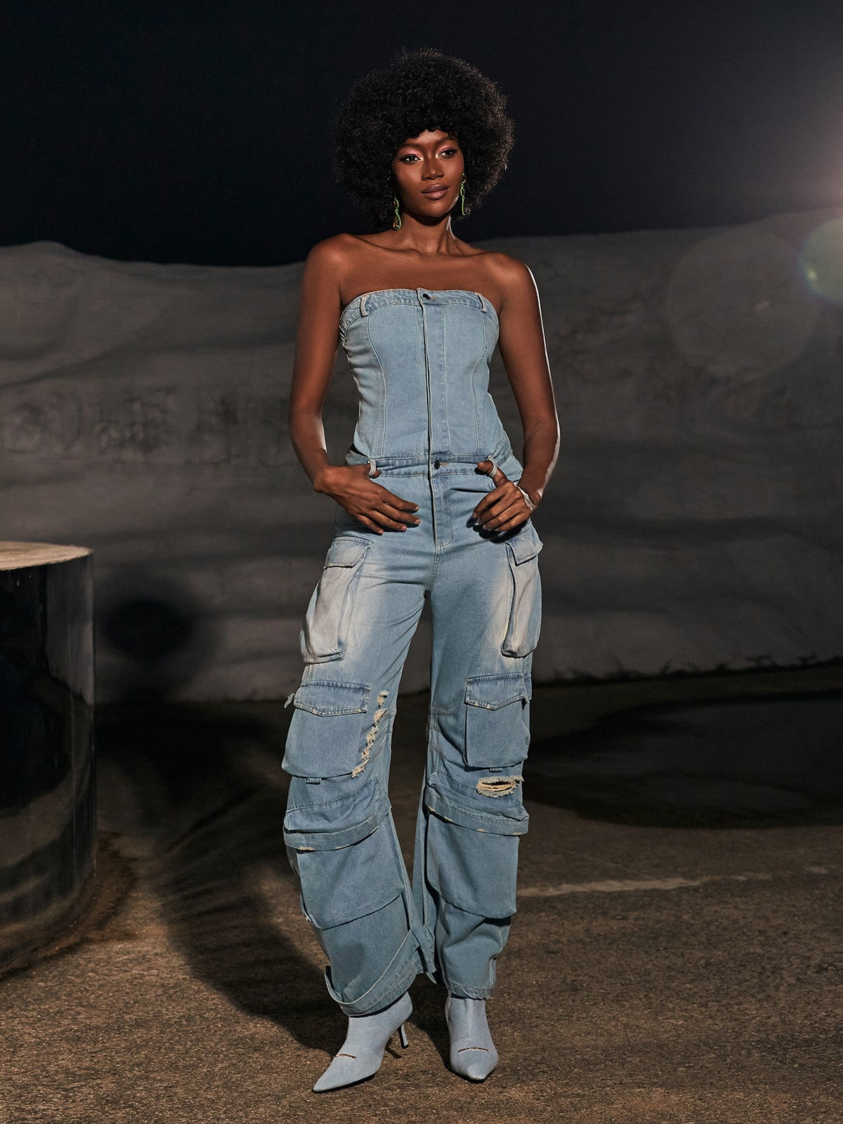 Eden Strapless Pocket Denim Jumpsuit In Blue