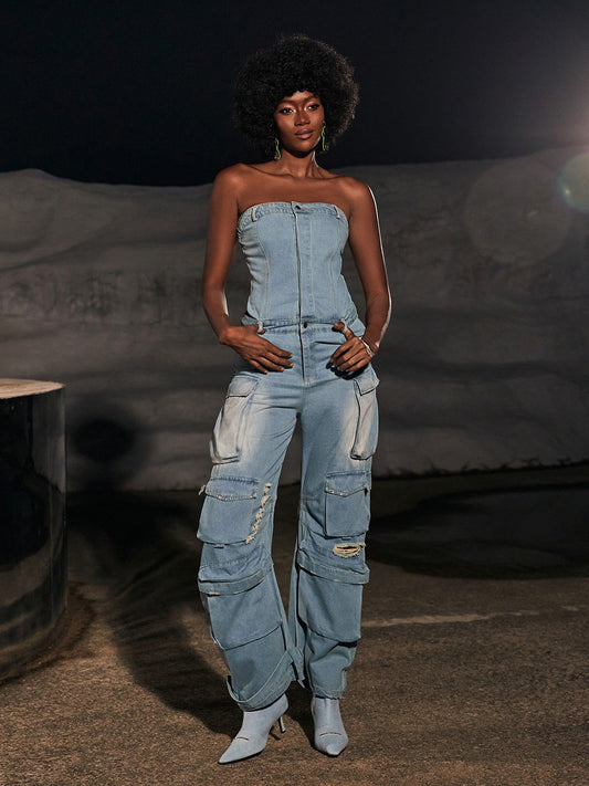Eden Strapless Pocket Denim Jumpsuit In Blue