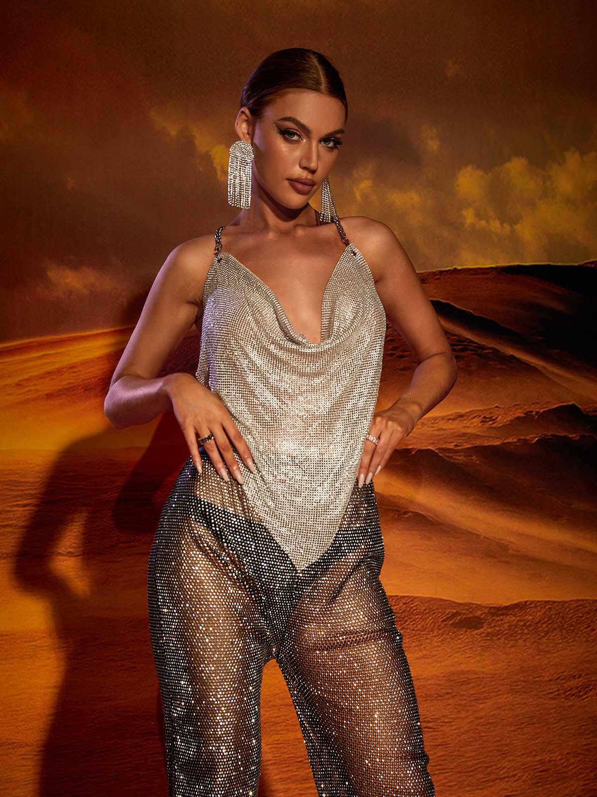Elara V Neck Chainmail Top In Silver - Mew Mews Fashion