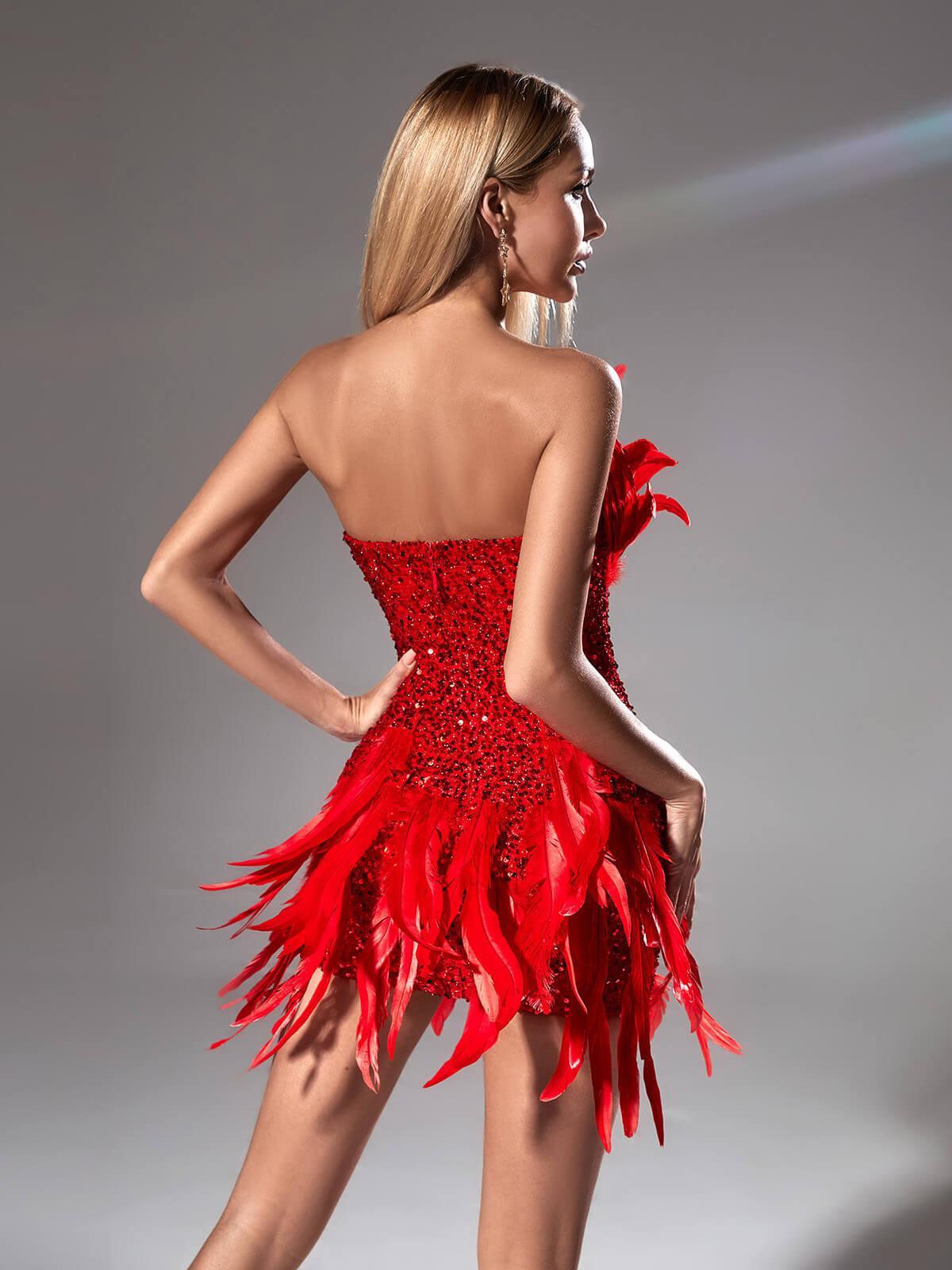 Eleri Strapless Sequin Feather Mini Dress - Mew Mews Fashion