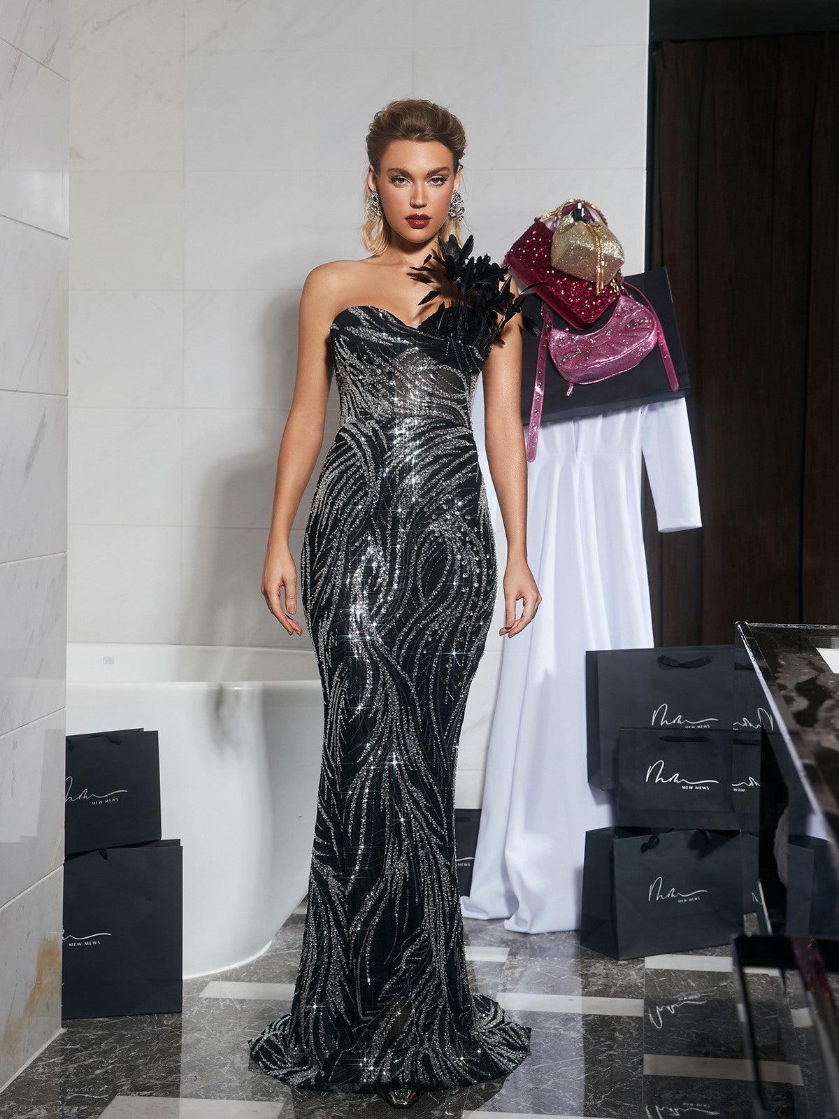 Ellery Strapless Sequin Feather Maxi Dress