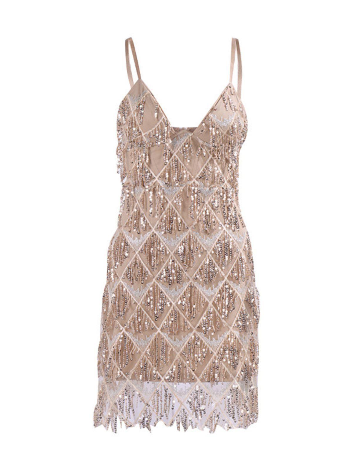 Eluned Sequin Fringe Mini Dress In Khaki - Mew Mews Fashion