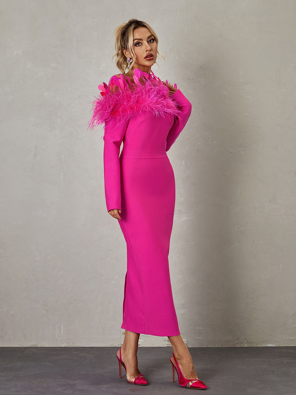 Ember Off Shoulder Feather Bandage Dress