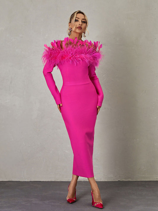 Ember Off Shoulder Feather Bandage Dress