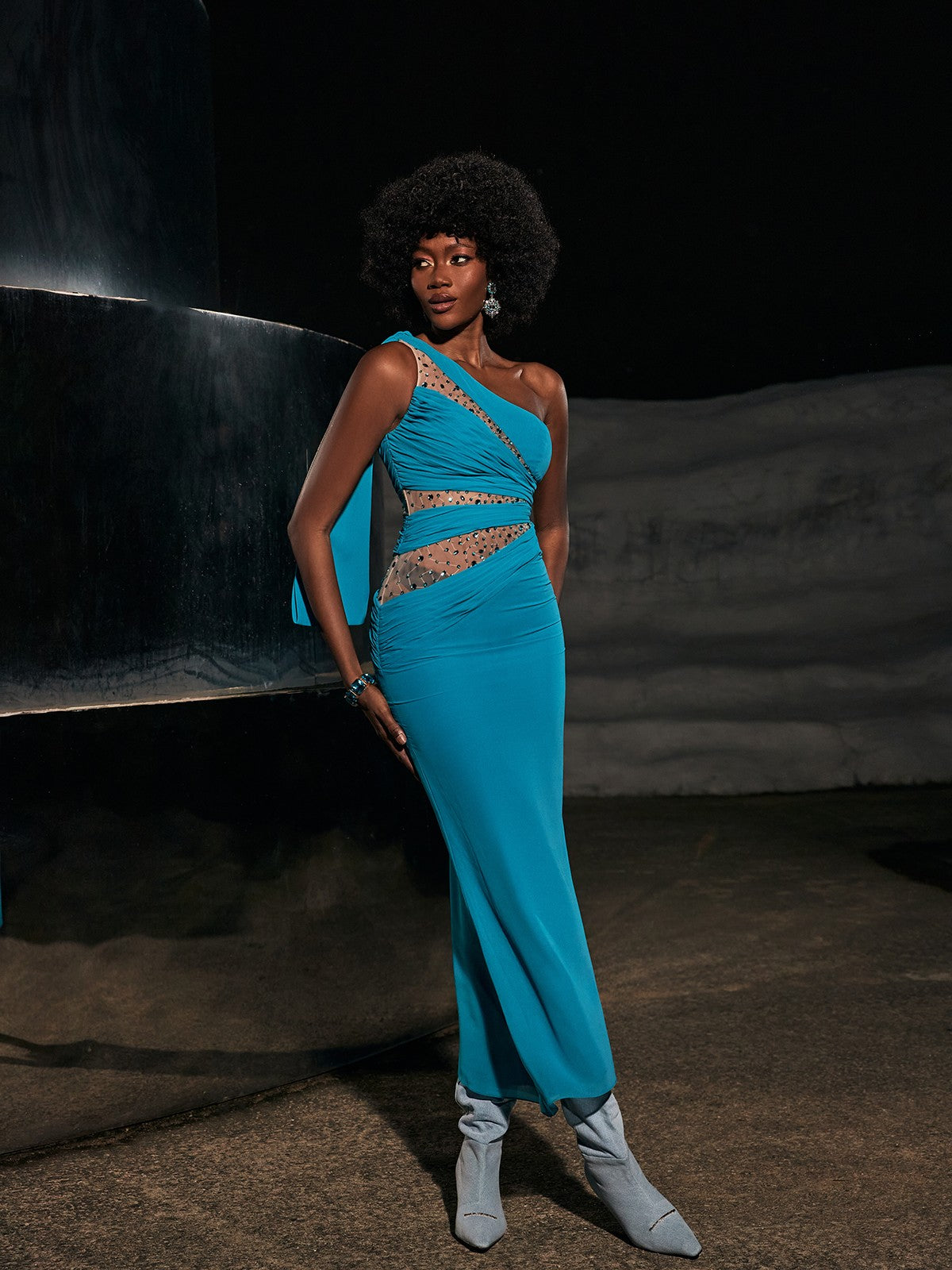 Enid One Shoulder Rhinestone Maxi Dress