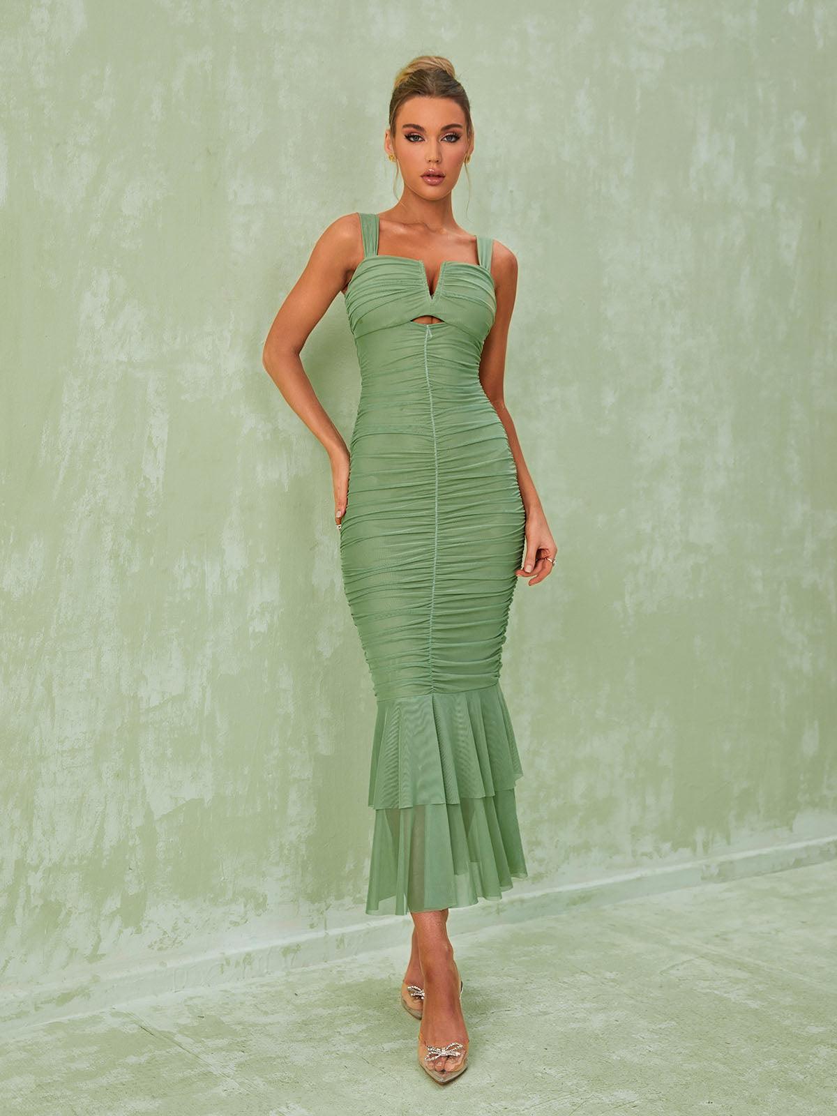 Eri Ruched Mesh Maxi Dress In Green - Mew Mews Fashion