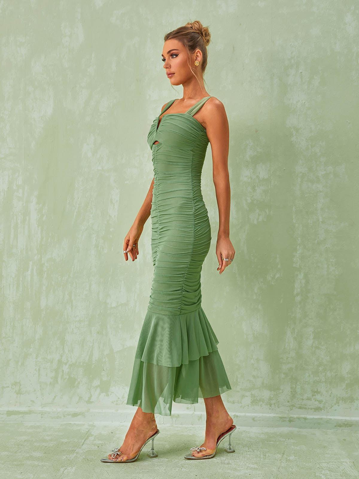 Eri Ruched Mesh Maxi Dress In Green - Mew Mews Fashion