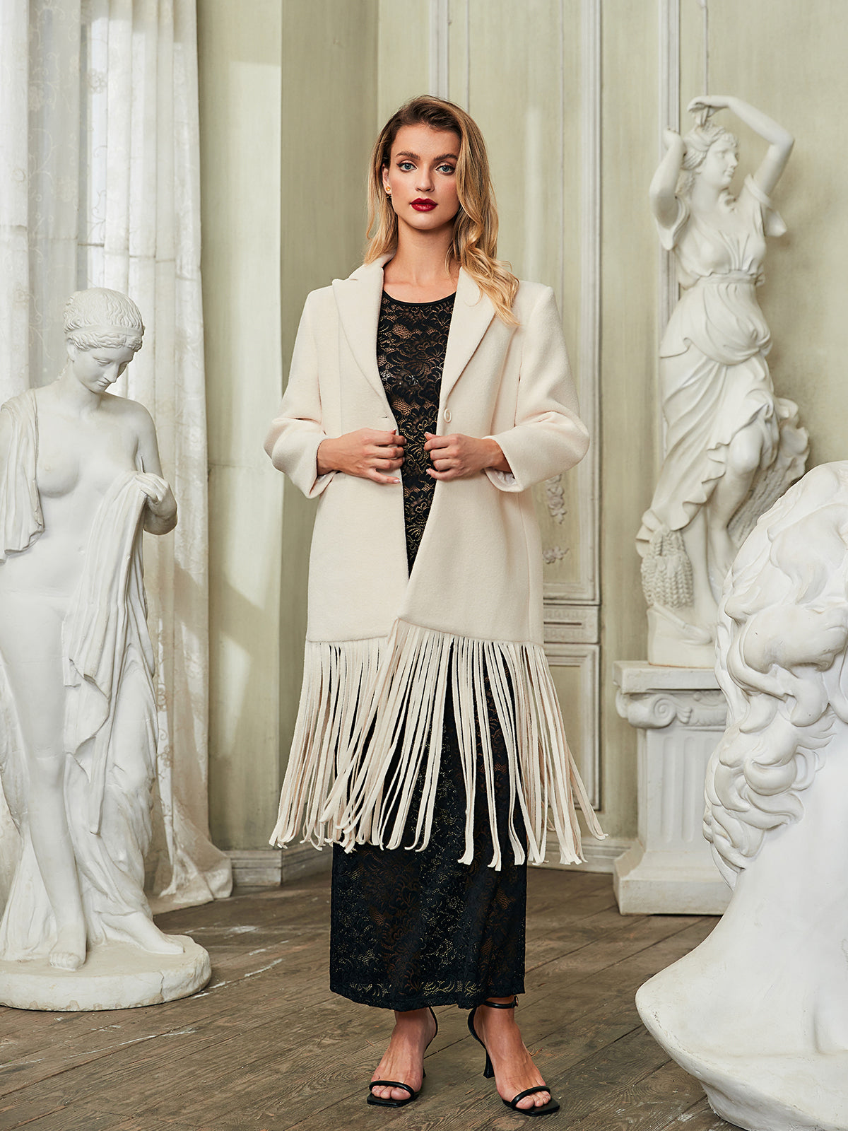 Esclarmonde V Neck Fringe Woolen Coat