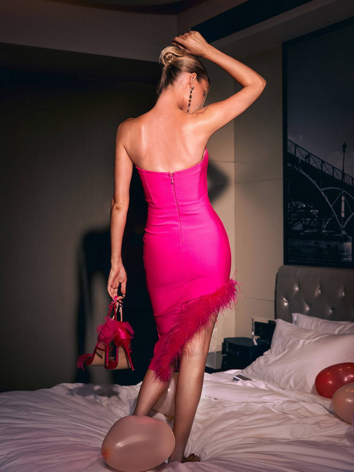 Esperanza Strapless Feather Bandage Dress In Hot Pink