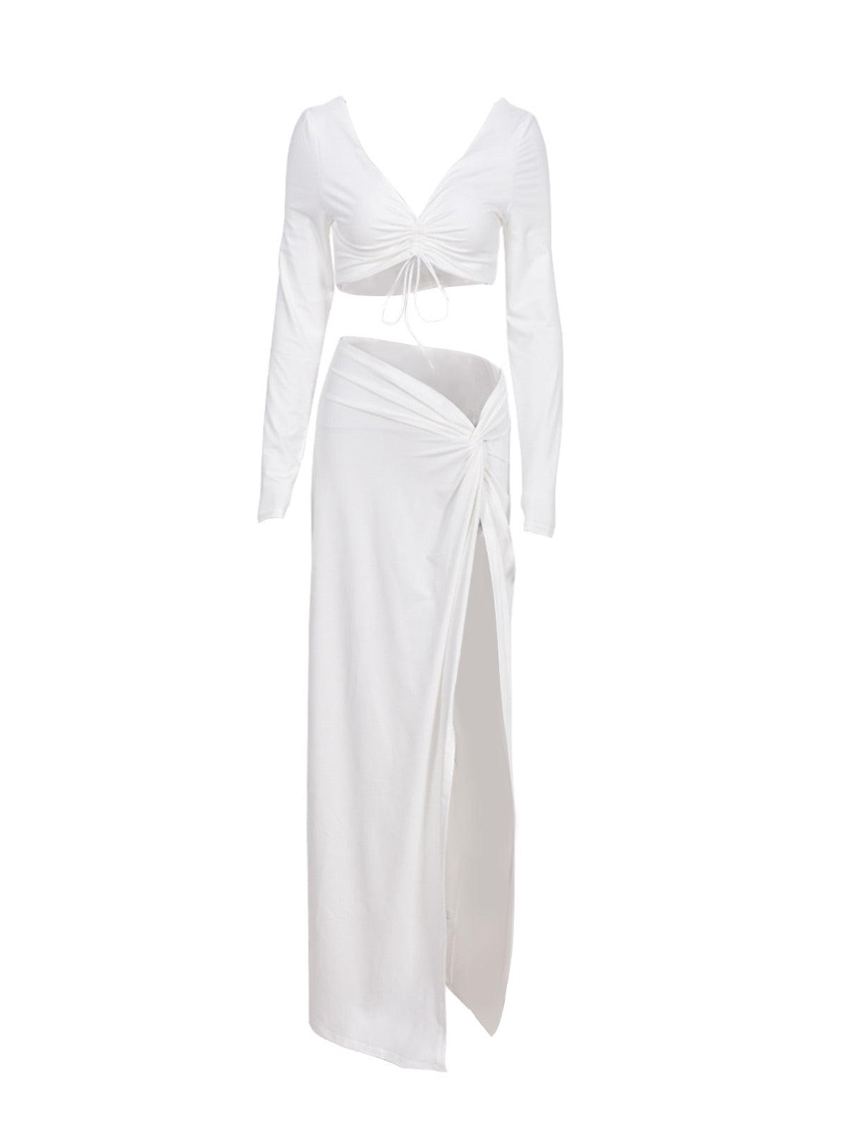 Este Long Sleeve Ruched Split Set In White - Mew Mews Fashion