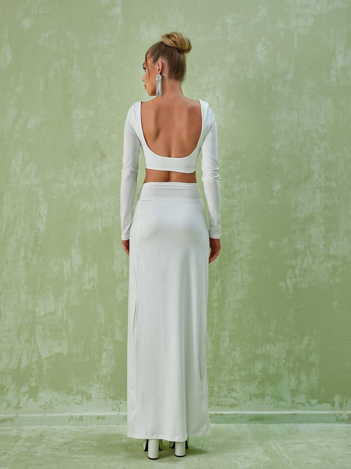 Este Long Sleeve Ruched Split Set In White - Mew Mews Fashion