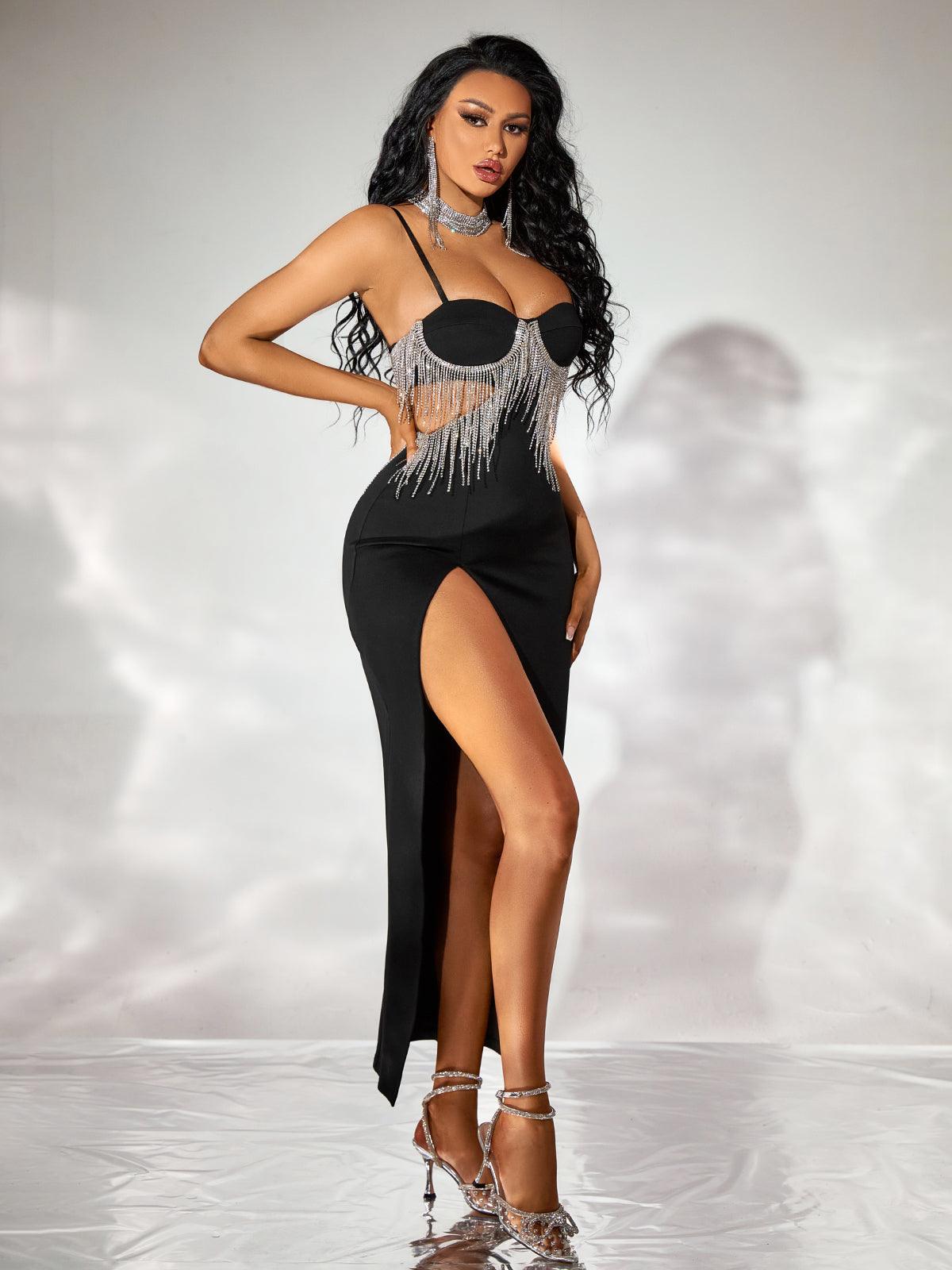 Evelynn Rhinestone High Spit Maxi Dress