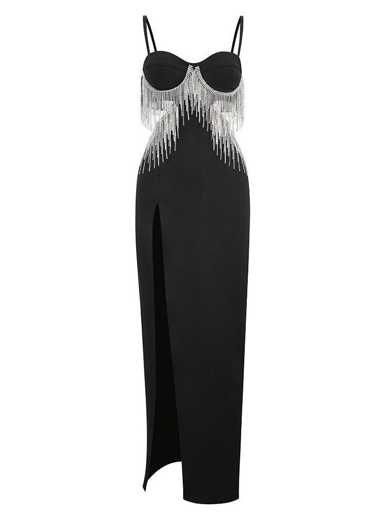 Evelynn Rhinestone High Spit Maxi Dress