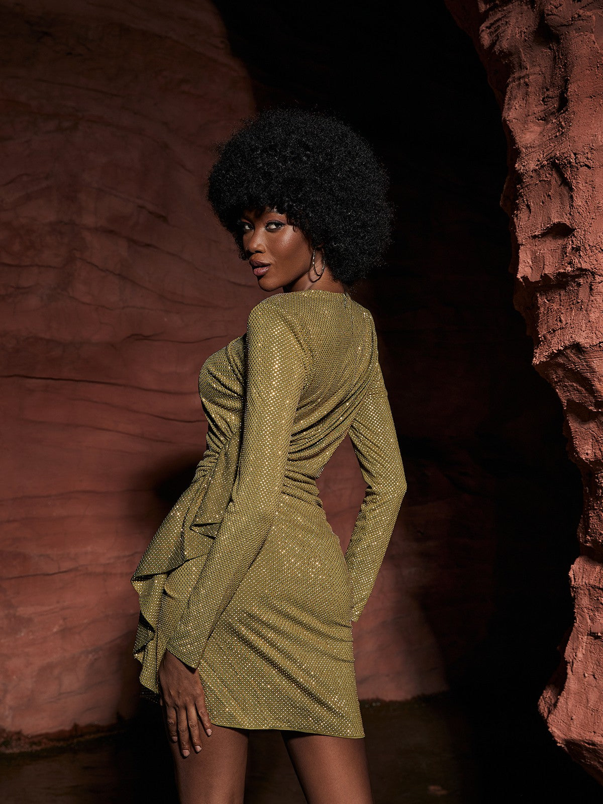 Fable Rhinestone Ruched Mini Dress In Olive