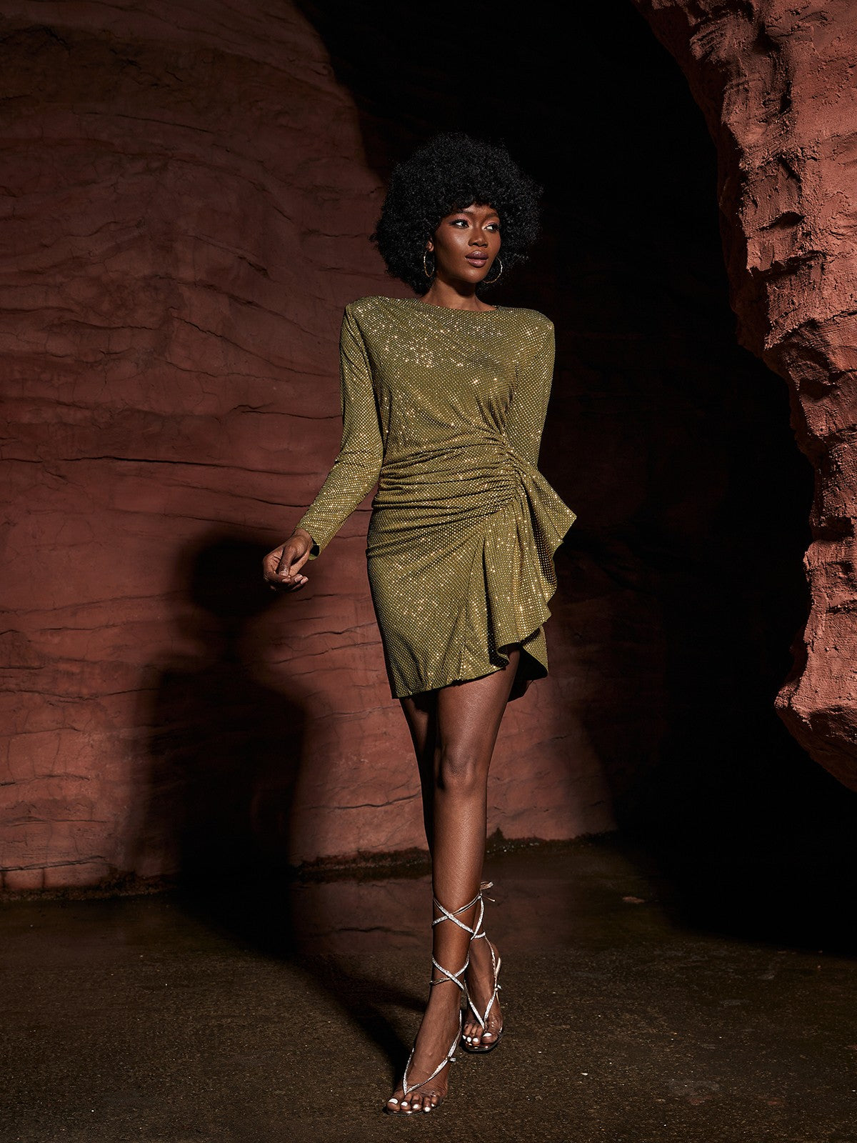 Fable Rhinestone Ruched Mini Dress In Olive