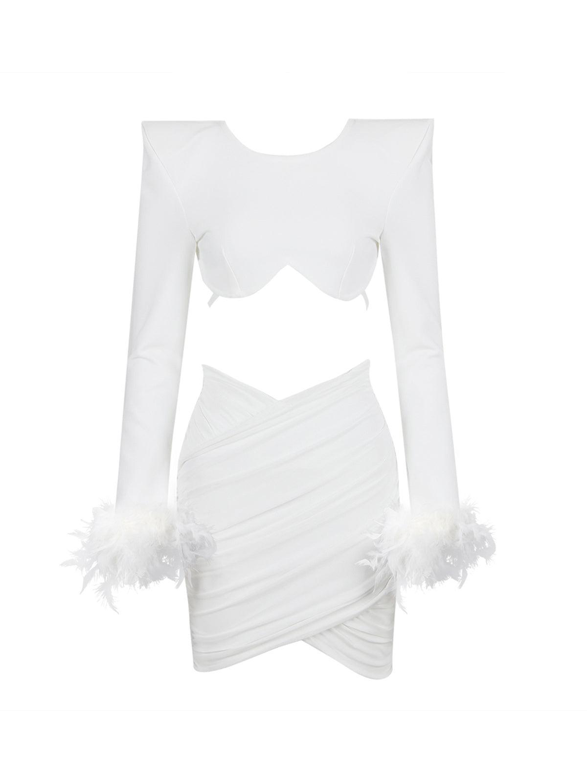Fauna Long Sleeve Feather Mesh Bandage Set In White - Mew Mews Fashion