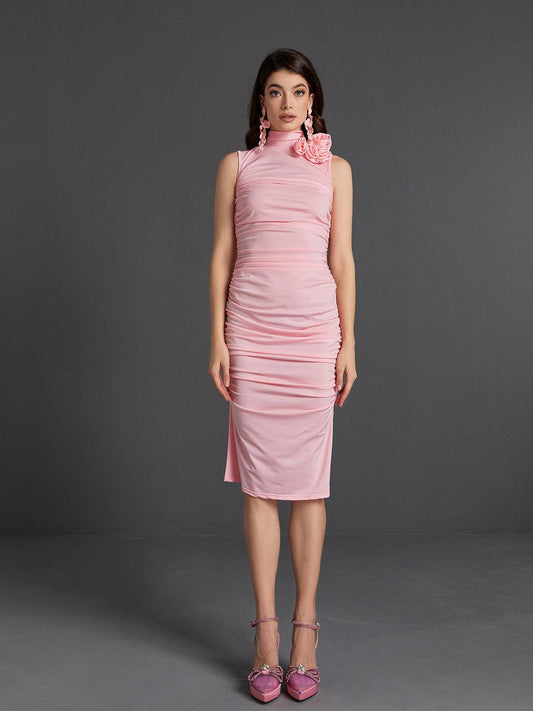 Fionnuala Flower Ruched Midi Dress - Mew Mews Fashion