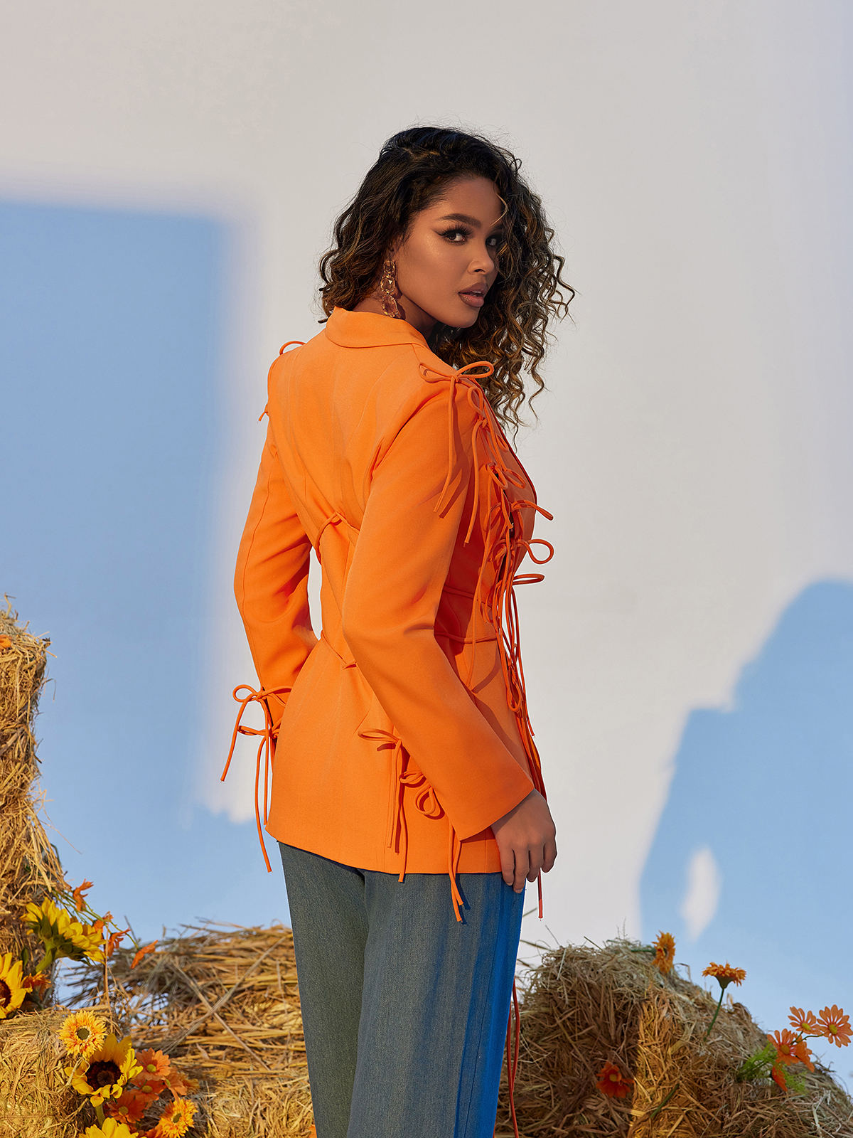 Garbo Lace Up Bow Blazer In Orange