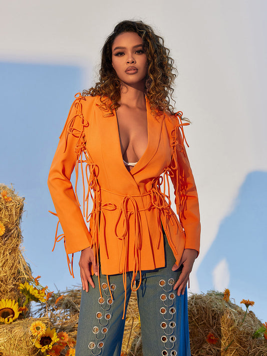 Garbo Lace Up Bow Blazer In Orange