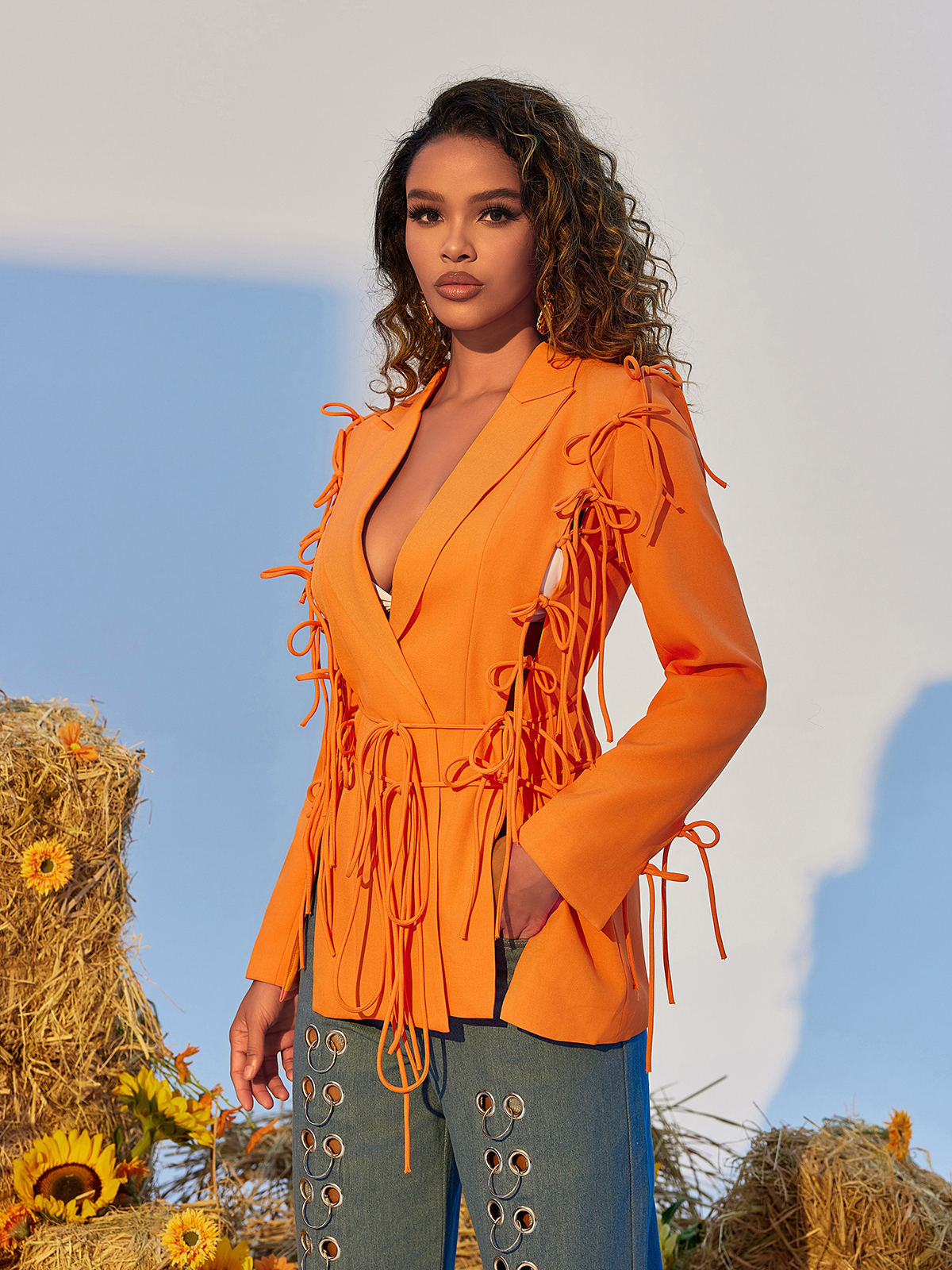 Garbo Lace Up Bow Blazer In Orange