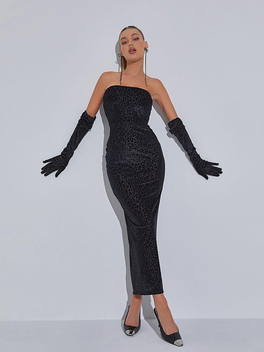 Gianna Leopard Print Bodycon Maxi Dress With Gloves - Mew Mews Fashion