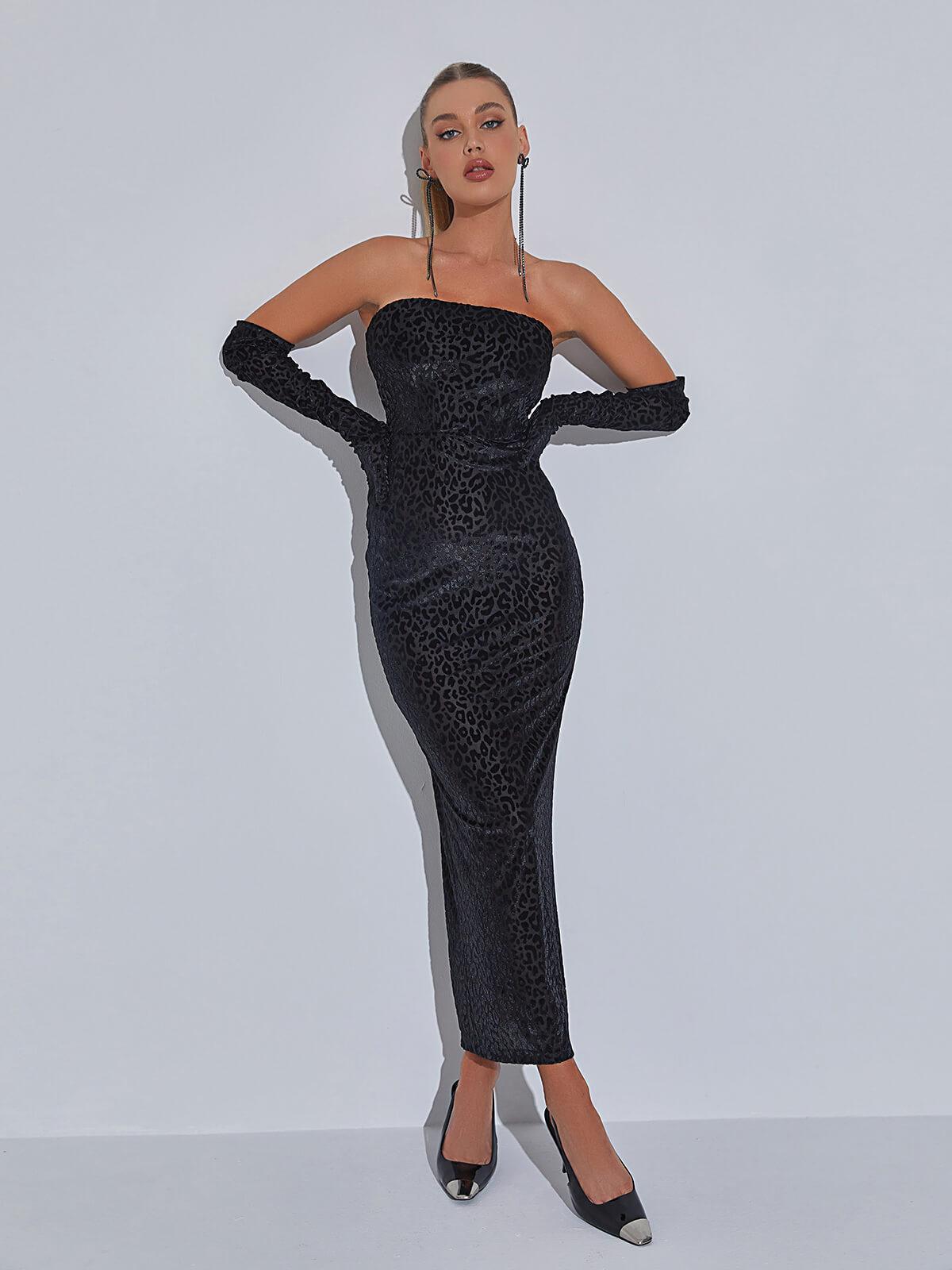 Gianna Leopard Print Bodycon Maxi Dress With Gloves - Mew Mews Fashion