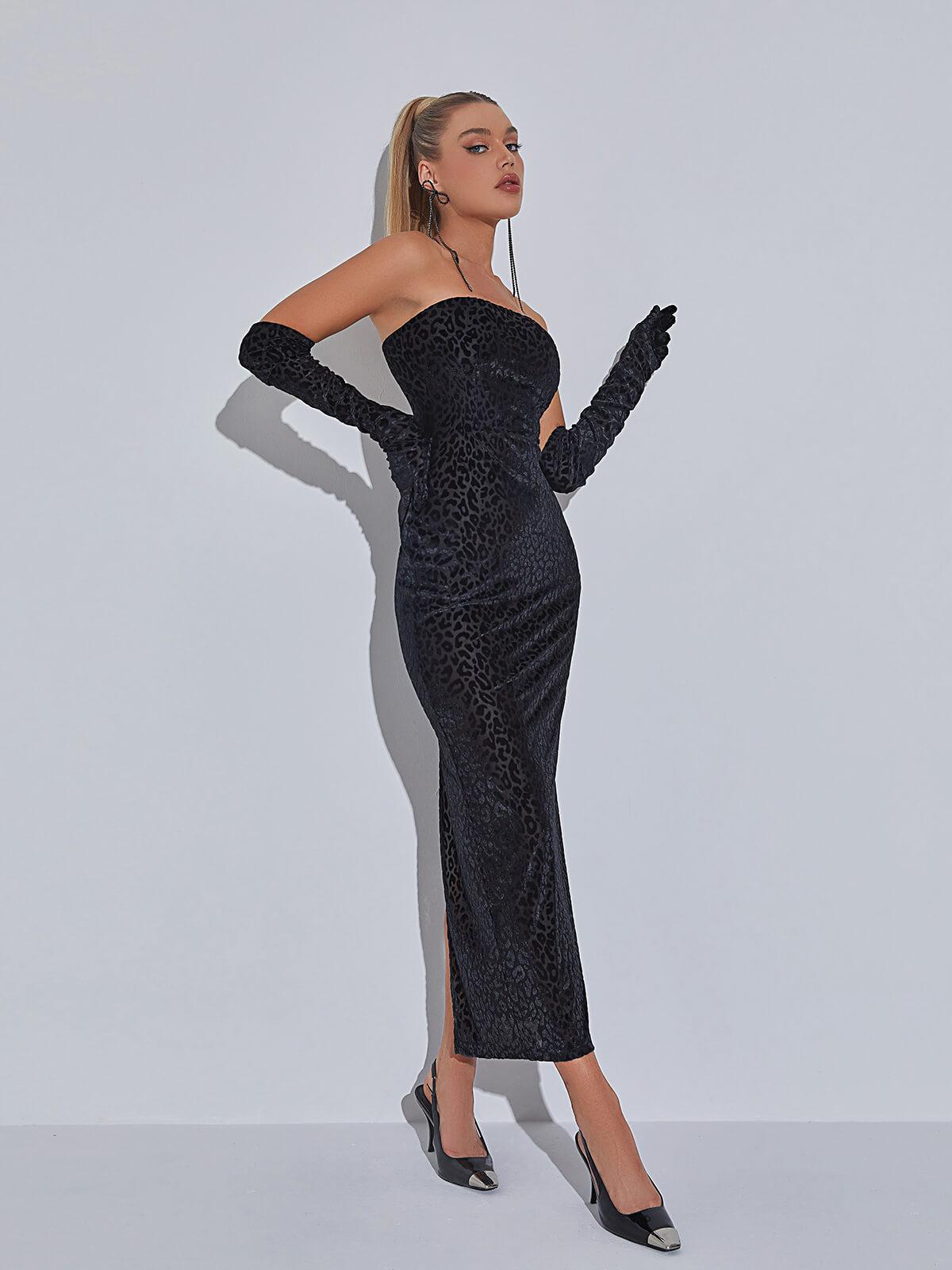 Gianna Leopard Print Bodycon Maxi Dress With Gloves - Mew Mews Fashion