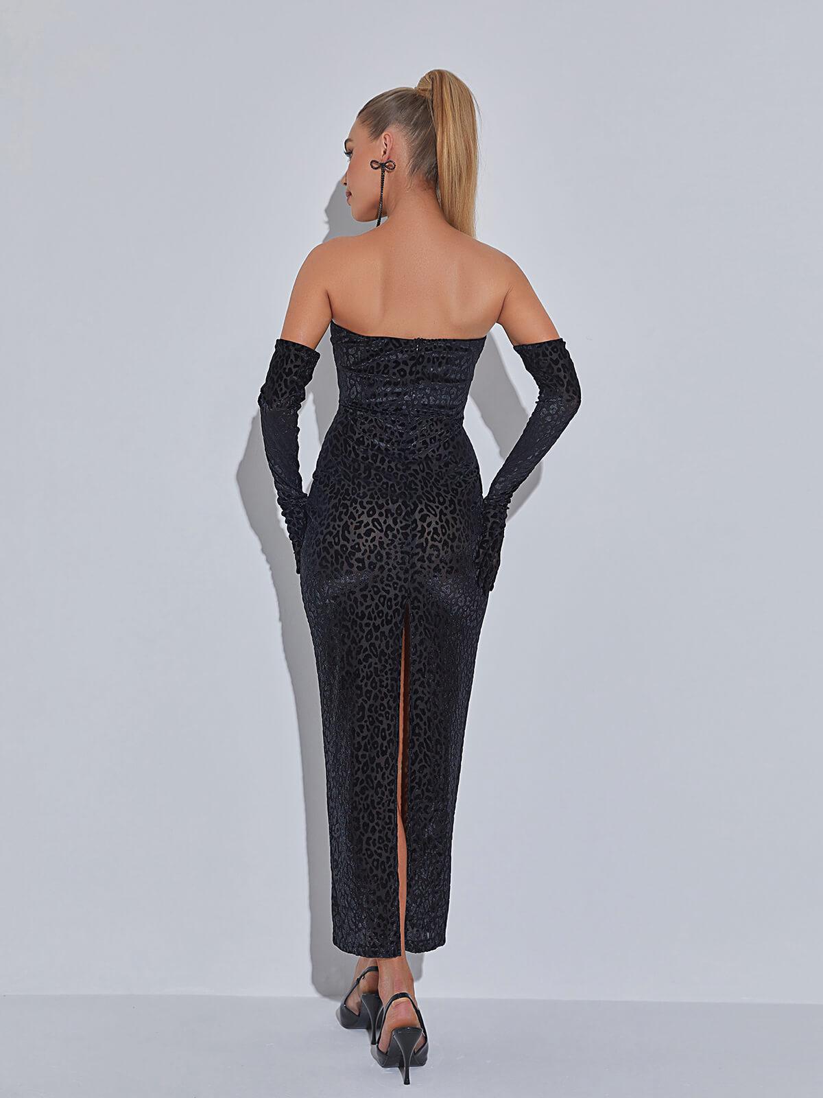 Gianna Leopard Print Bodycon Maxi Dress With Gloves - Mew Mews Fashion