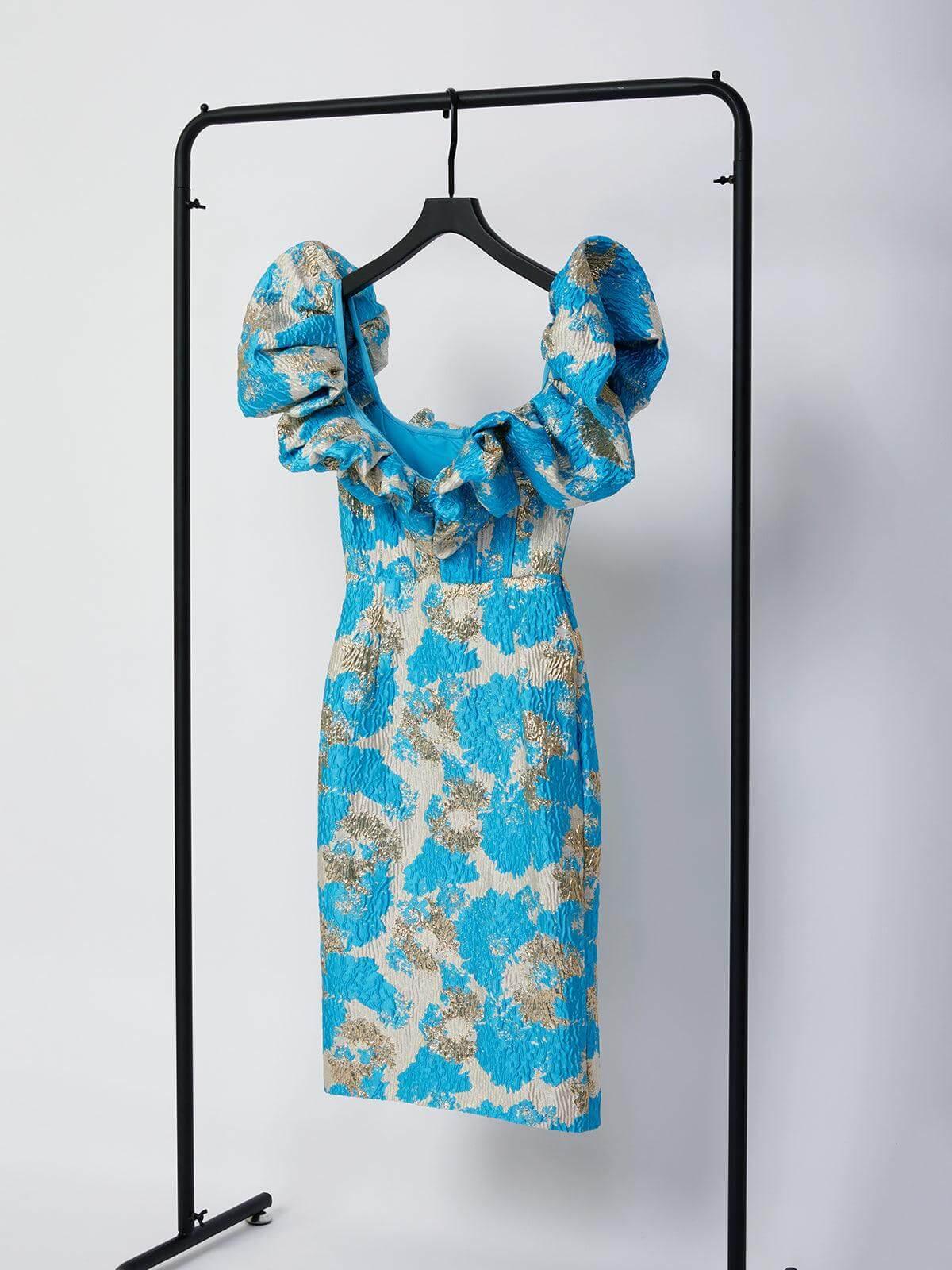 Giselle Jacquard Off Shoulder Midi Dress In Blue - Mew Mews Fashion