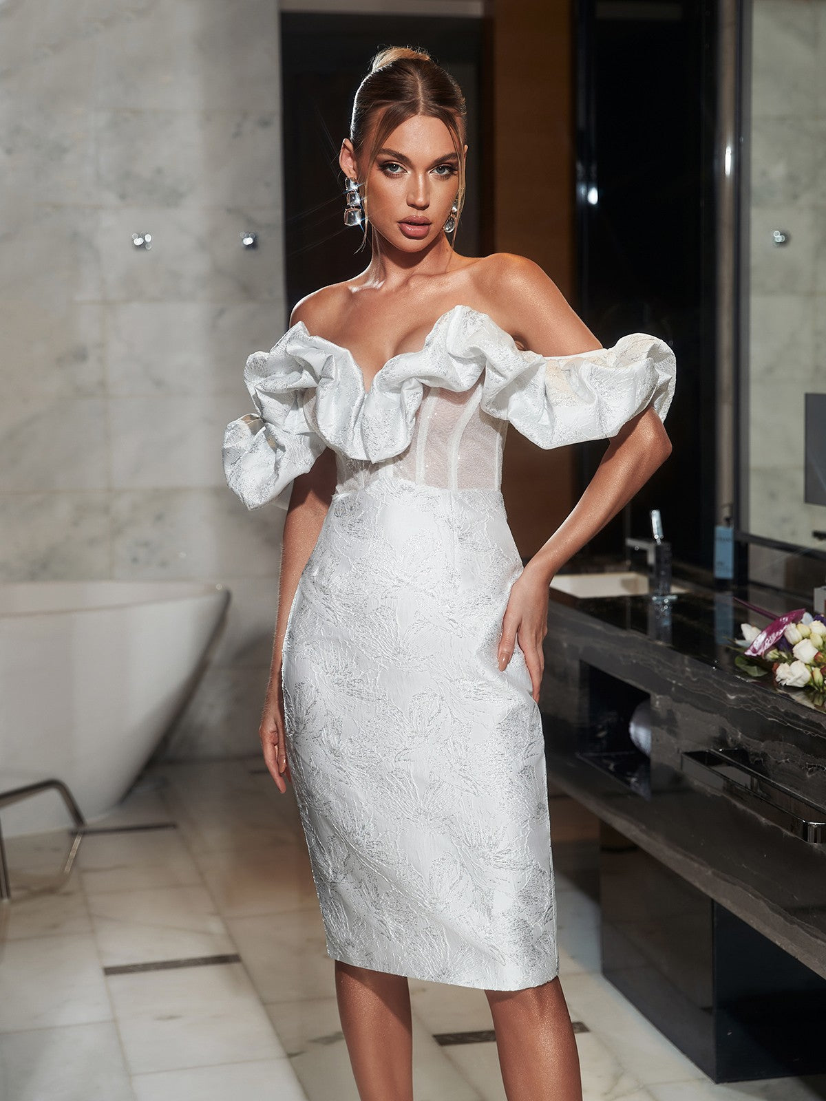Giselle Jacquard Off Shoulder Midi Dress In Silver